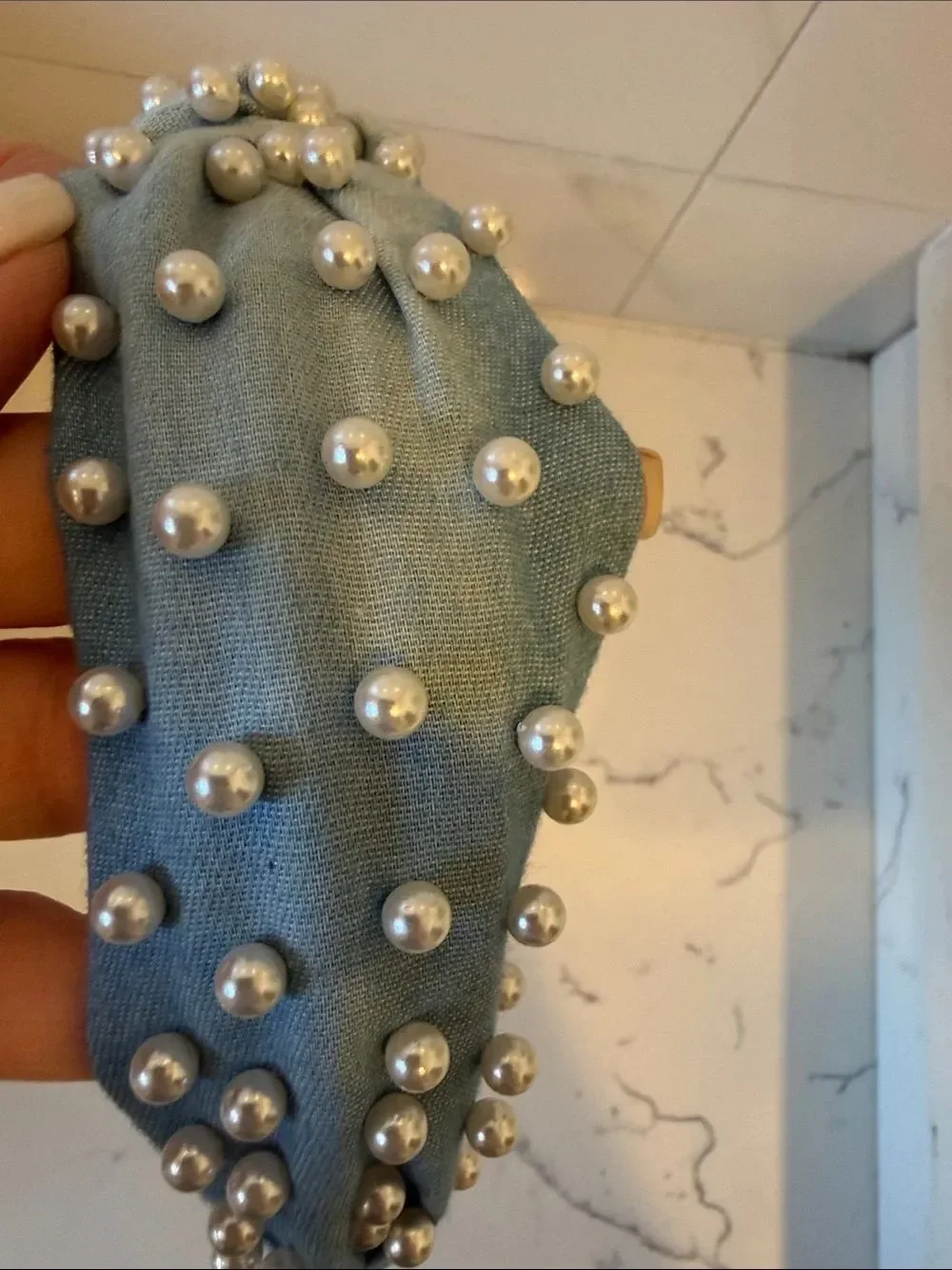 Denim Pearl Knotted Headband